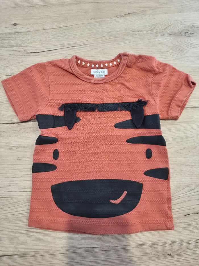 Tee-shirt teracota et noir zèbre avec oreilles, Luckykid, 18 mois / 80cm