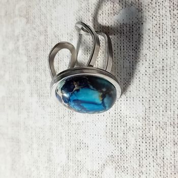 bague ajustable argentée pierre marbrée bleu