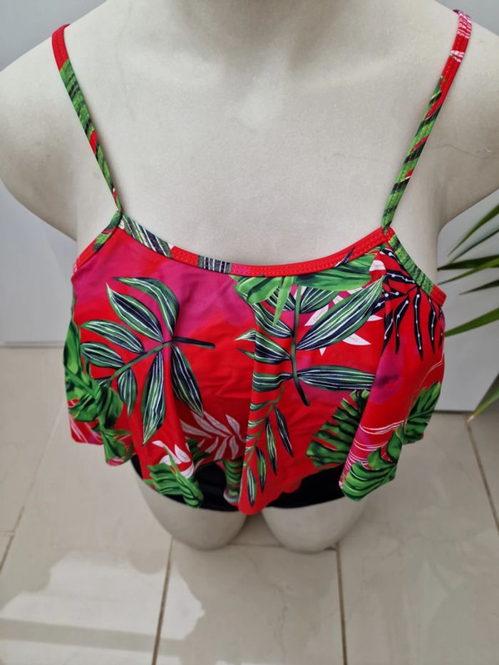 Tankini Taille Haute Maillot De Bain 2 Pieces Jungle Noir Rouge Rose Vert Volants Taille XL 44 - photo numéro 3