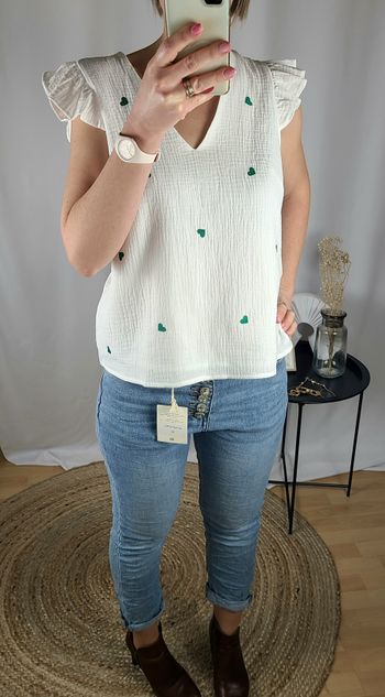 Top en gaze de coton brodé Cœurs – Plusieurs coloris et tailles