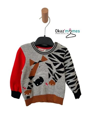 Pull gris, rouge, marron, noir, motif tigre - Catimini 12 mois