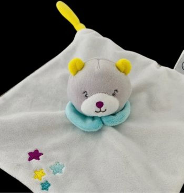 ❤️B5322 Doudou Plat Ours Blanc Bleu Jaune Marron Étoiles Super U Tout Petits - photo numéro 2