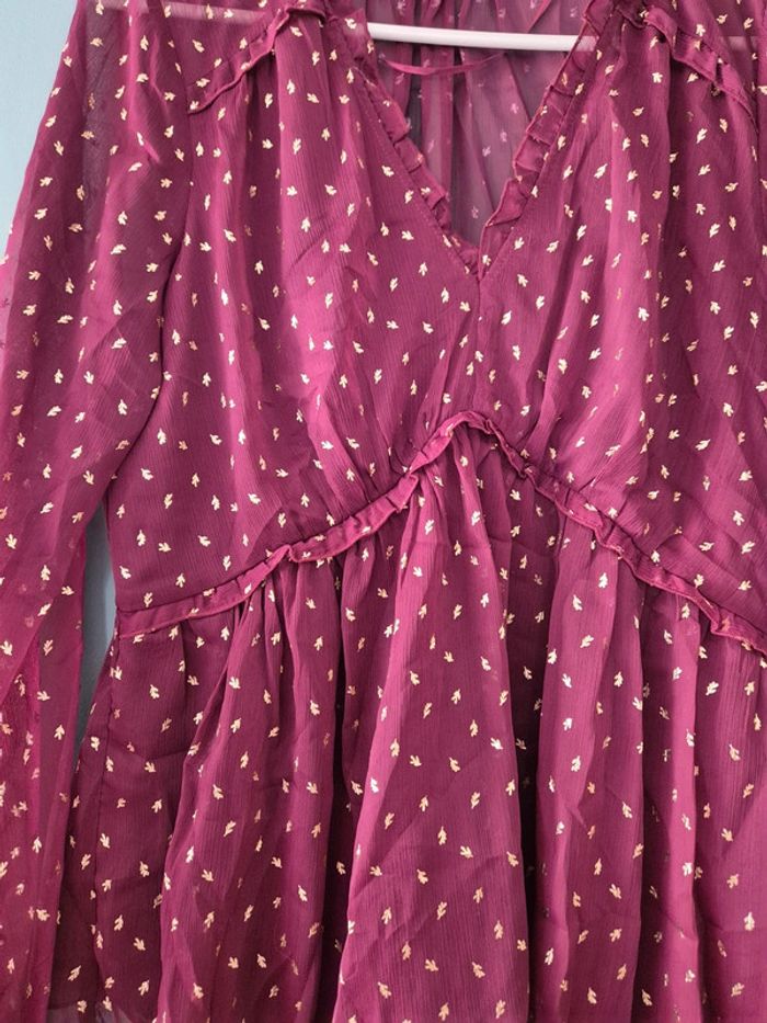 Blouse transparente bordeaux a motifs dorés, taille 38, Camaieu - photo numéro 2
