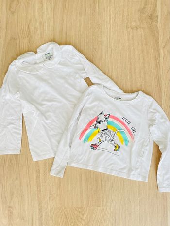Lot de 2 t shirts manches longues blanc à col et imprimé fille taille 3 ans