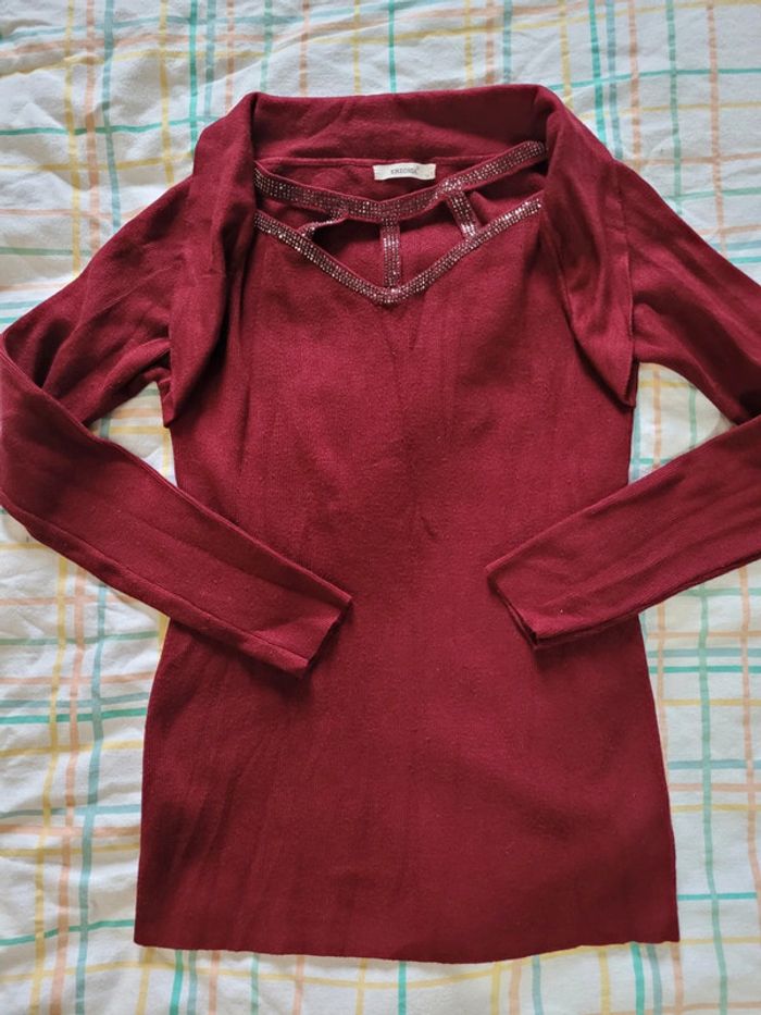 Pull bordeaux taille unique, col ajouré strass - photo numéro 2