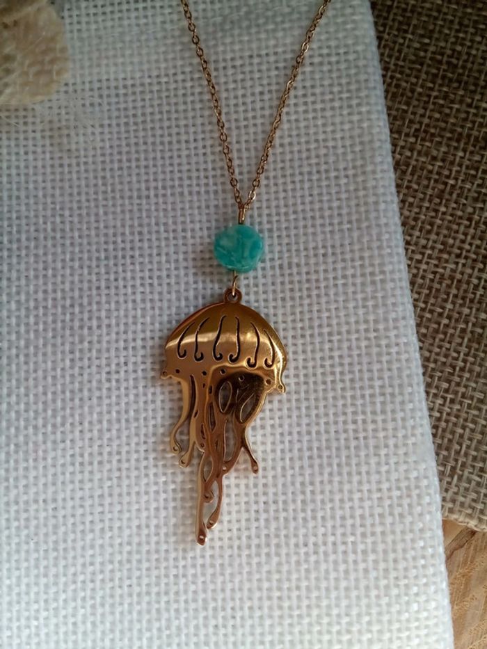 Collier méduse en acier et pierre d'amazonite naturelle - photo numéro 2