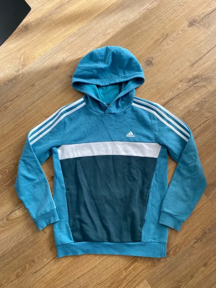 Sweat à capuche Adidas garçon 11/12 ans – Bleu & blanc – Très bon état