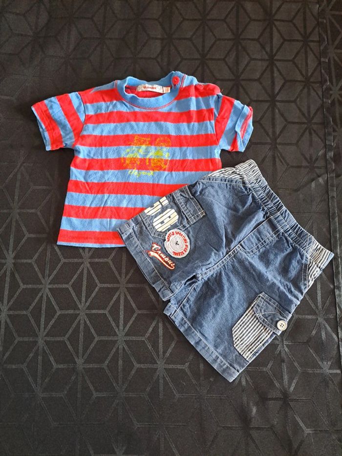 Ensemble Tee-shirt rayé rouge et bleu et short marine 12mois Clayeux