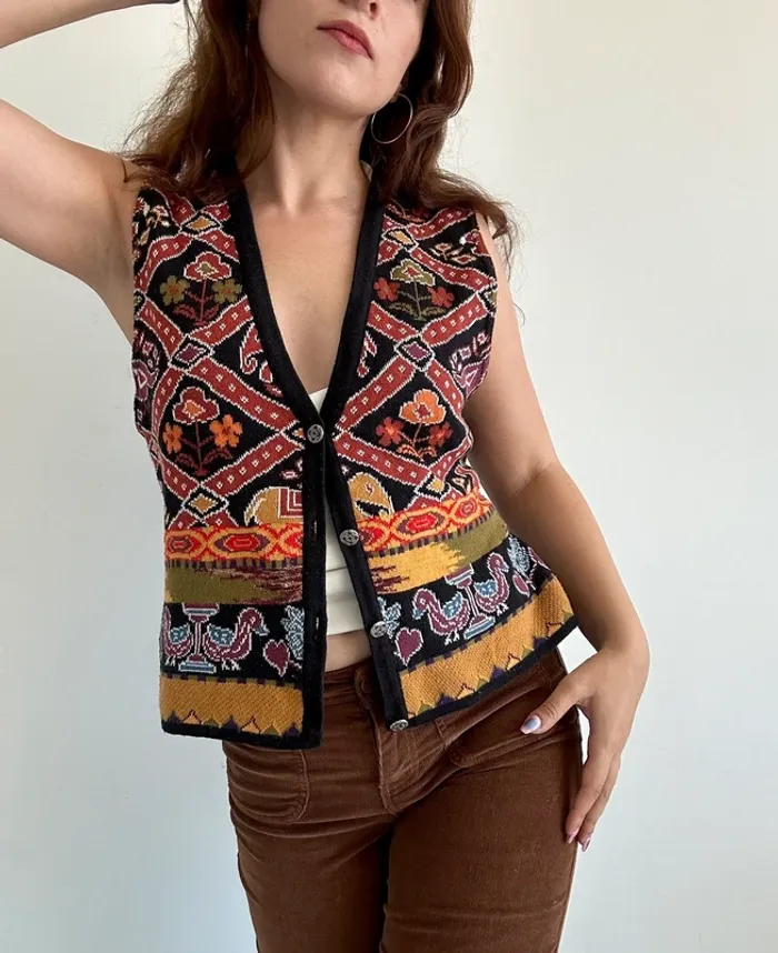 Gilet sans manches à motifs années 70 vintage taille S/M