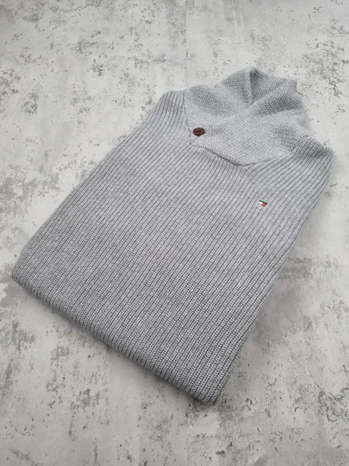 Pull col châle Tommy Hilfiger gris – Taille M Homme (mesures en photos)