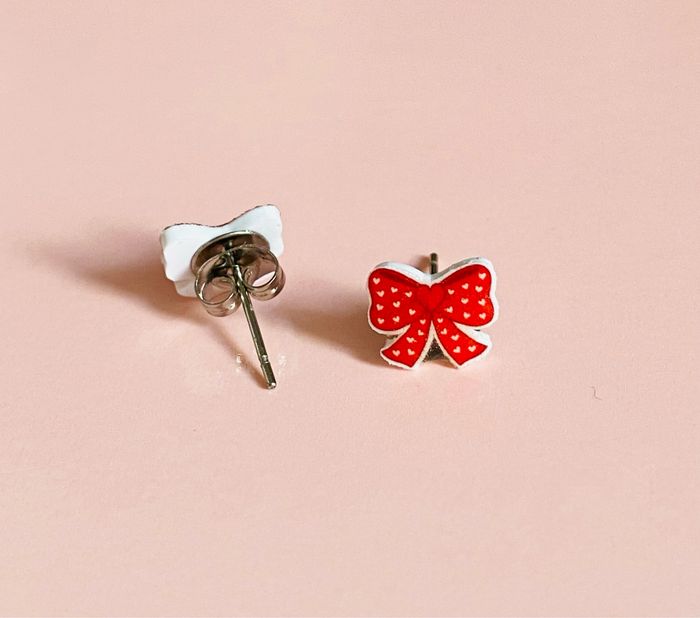 Boucles d’oreilles Fait Main Noeud Rouge Pois - photo numéro 2