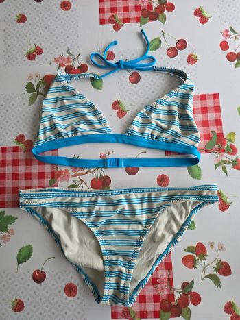 MAILLOT BAIN FILLE 👧 RAYÉ BLEU TURQUOISE/BLANC TAILLE 36 MARQUE TEX