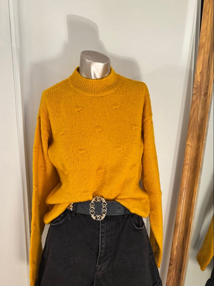 Pull moutarde col montant maille texturée Taille 36 Coupe confortable - photo numéro 4