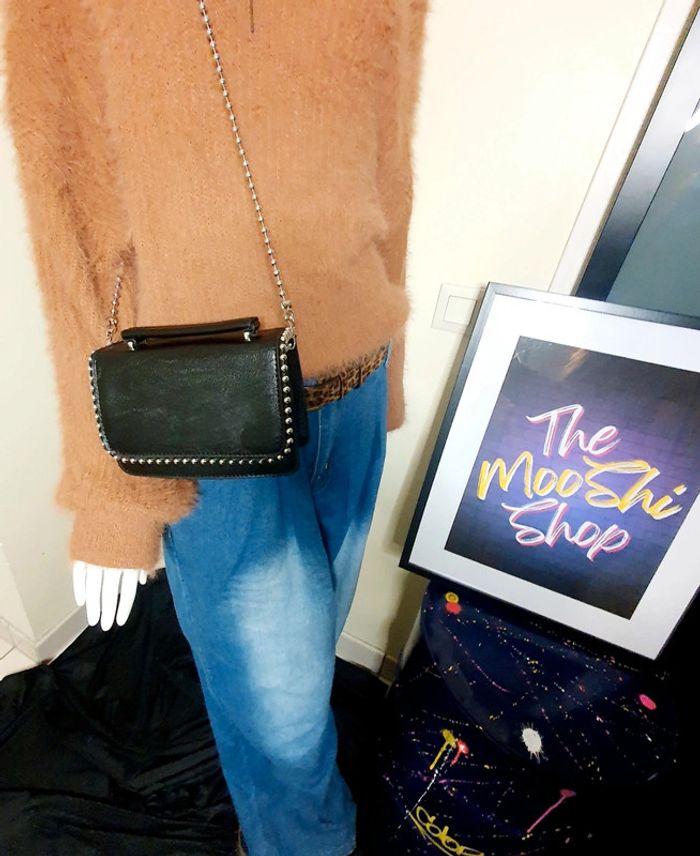 👜 Petit Sac à main pochette simili cuir noir clous boules argentées Jacqu'rock neuf bandoulière anse - photo numéro 3