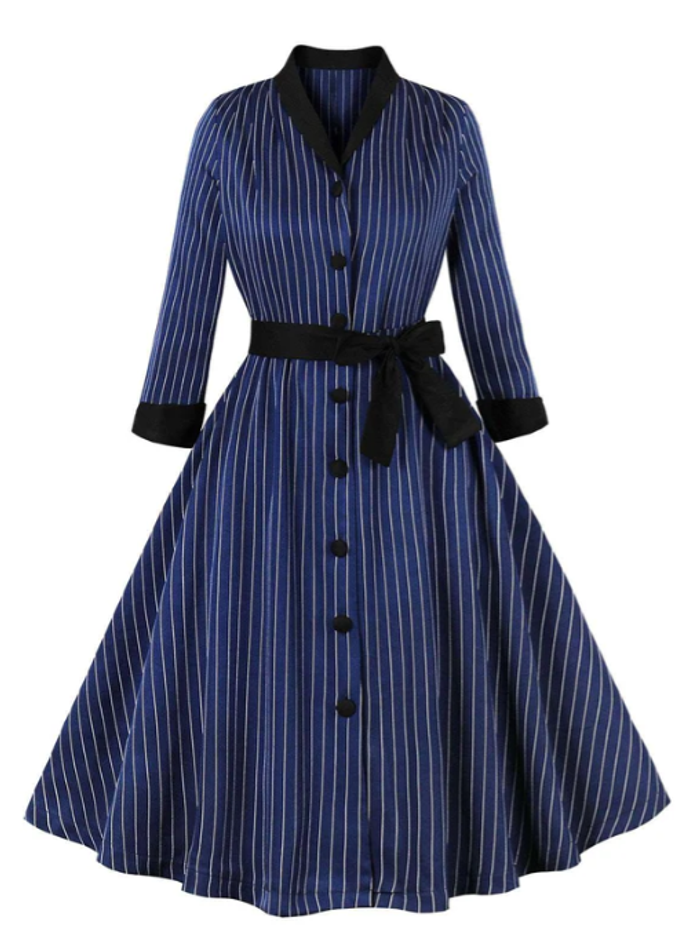 Robe ceinturée vintage rétro rayé bleu foncé des années 1950 Taille M - Neuf - photo numéro 2