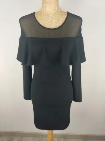 Robe mi-longue manches longues volants et mesh noire taille L Vera & Lucy