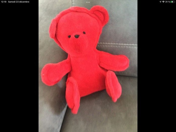 doudou ours cale tête rouge tbe 36 cm