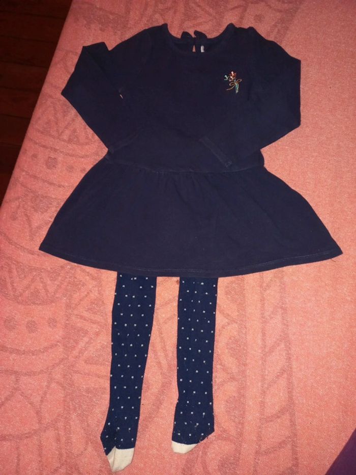 Ensemble robe légère coton collants a pois marine et blanc