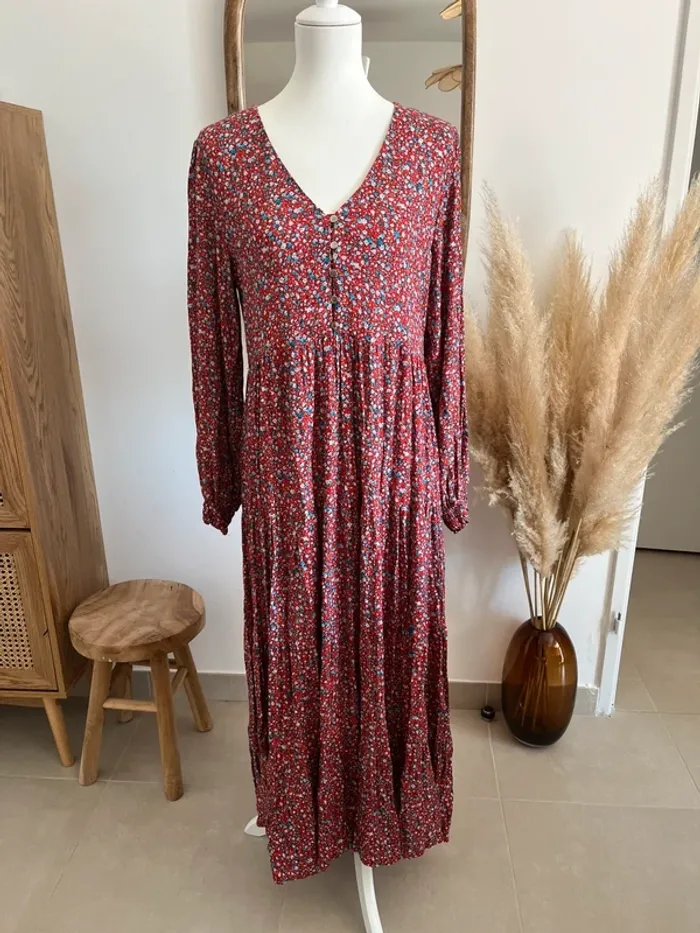 Robe longue à manches longues rouge et fleurie Vie ta vie - photo numéro 5