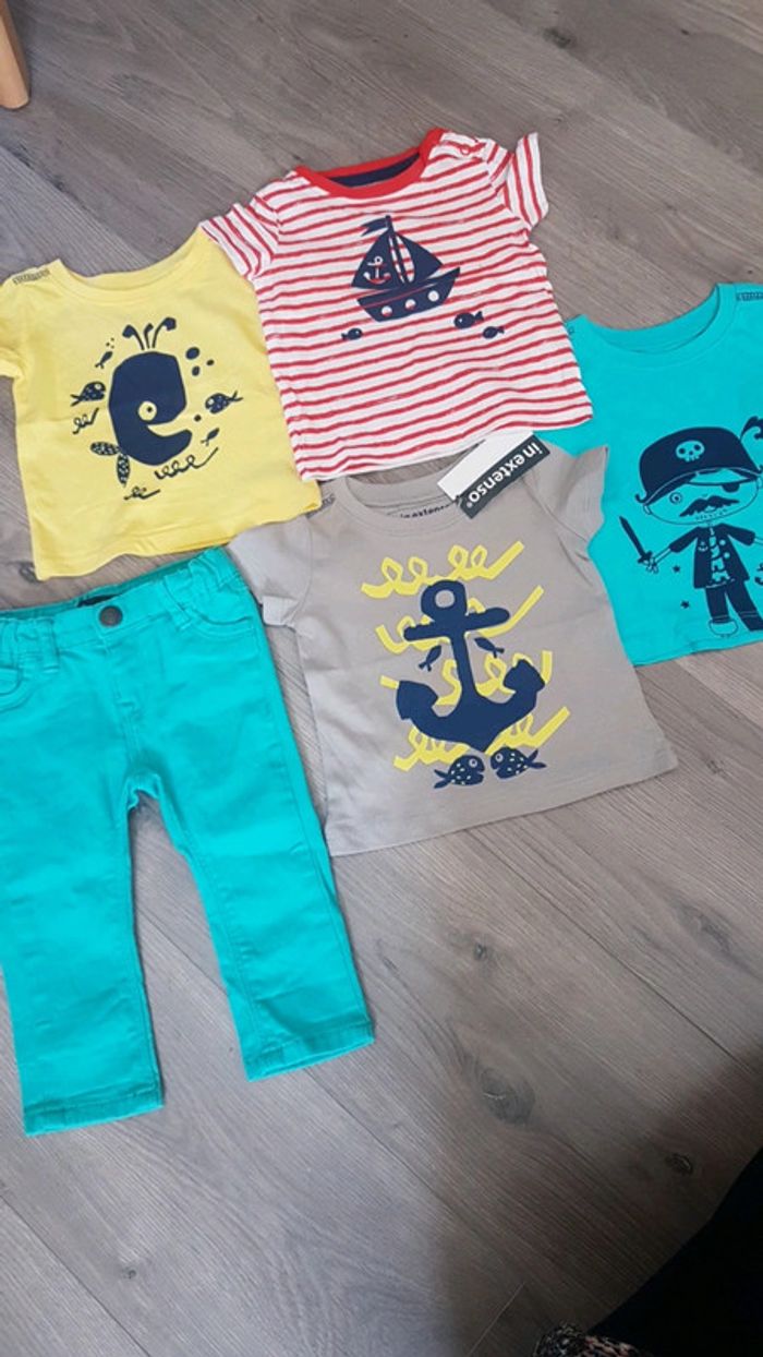 Lot marin 3 mois pantalon skinny et 4 tee-shirts manches courtes bateau pirate baleine ancre