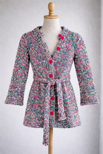 Gilet Mexx en maille multicolore avec jolis boutons roses et ceinture à nouer à la taille.