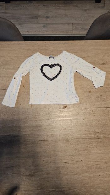 T shirt blanc à manches longues, avec 1 coeur, Okaïdi, 4 ans, nickel