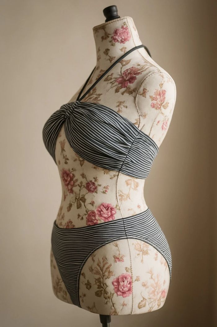 Maillot de bain 2 pièces – Neuf – Taille 46 – Blanc rayé marron - photo numéro 2