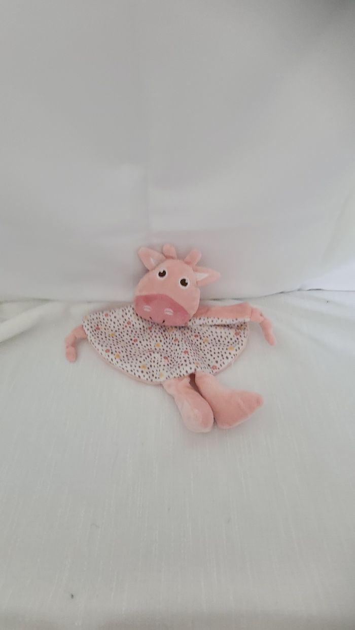 Doudou Plat/Mouchoir Rond Hochet Grelots Vache Rose Blanc Fleurs - Tom Et Kiddy - photo numéro 3