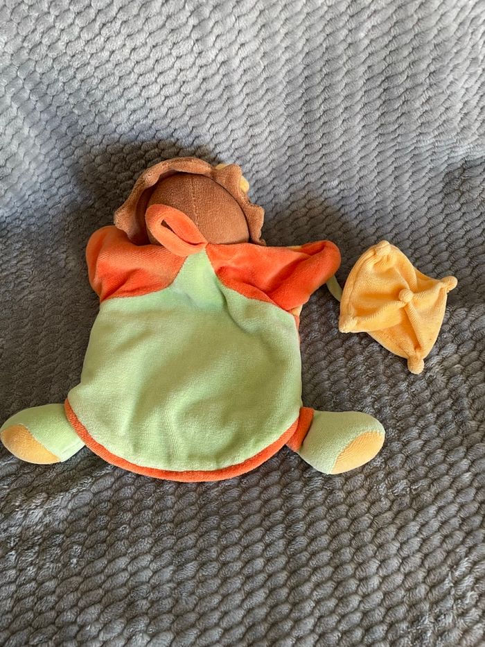 Doudou plat marionnette lion orange vert marron et son bébé Doudou Et Compagnie - photo numéro 2