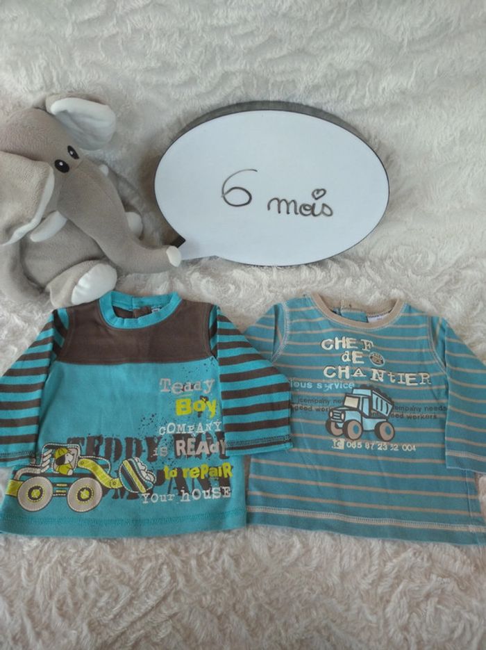 Lot de 2 tee shirt chemise manches longues Garçon 6 mois Chef de chantier Teddy chien