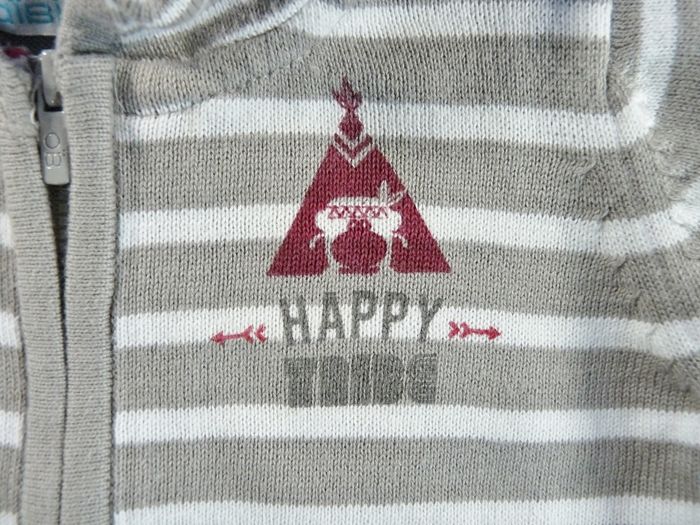 Gilet cardigan zippé capuche tricot fin gris blanc rayé tipi Obaïbi 6 mois 67 cm garçon - photo numéro 3