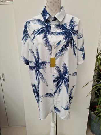 Chemise Blanche Imprimé Palmiers Bleu Marine Manches Courtes