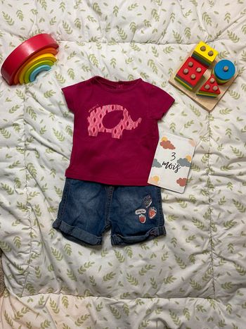 ensemble teeshirt manches courtes rose obaibi et short en jean lee cooper 3 mois
