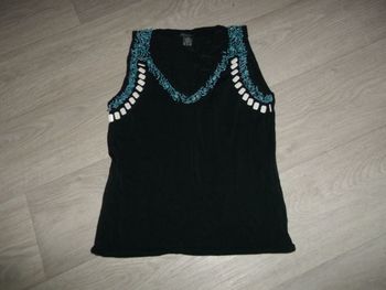 Pull top débardeur été ETINCELLE noir décos turquoises et blanches taille 40 NEUF