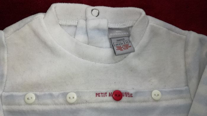 Pyjama velours blanc et bleu ciel rayé 3 mois garçon Cyrillus - photo numéro 3