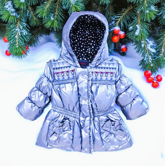 CATIMINI - NEW - MANTEAU TYPE DOUDOUNE BÉBÉ FILLE ACIER MÉTALLISÉ DETAIL BRODERIES CŒURS & AUTRES 6M