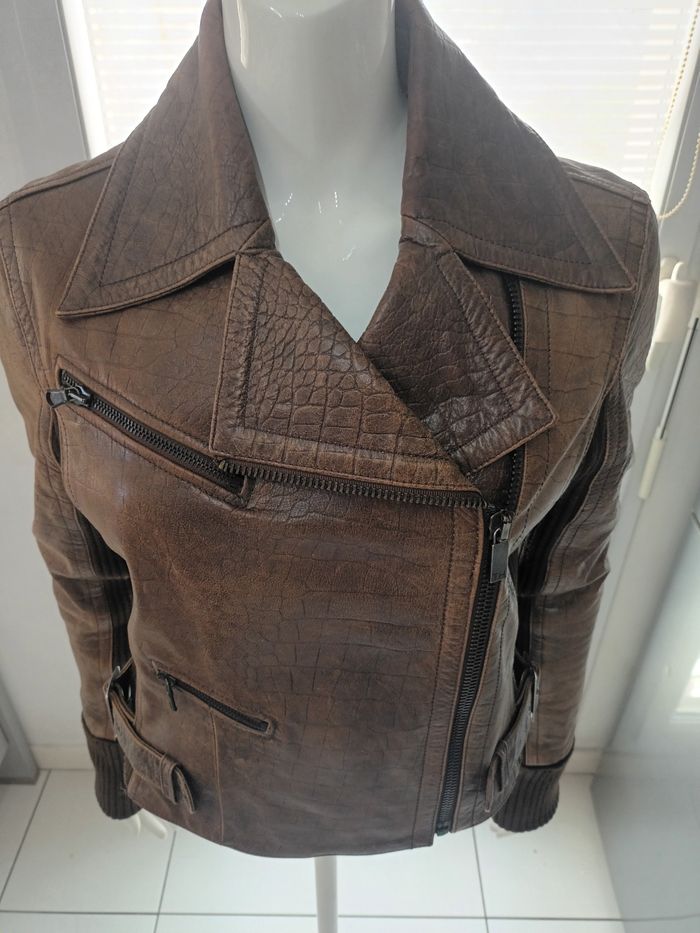 Perfecto vintage Tommy Hilfiger cuir epais et tricot - photo numéro 4