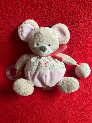 Peluche doudou boule souris beige rose étoile balle grelot anneau activité éveil extra moelleux neuf jamais utilisé 