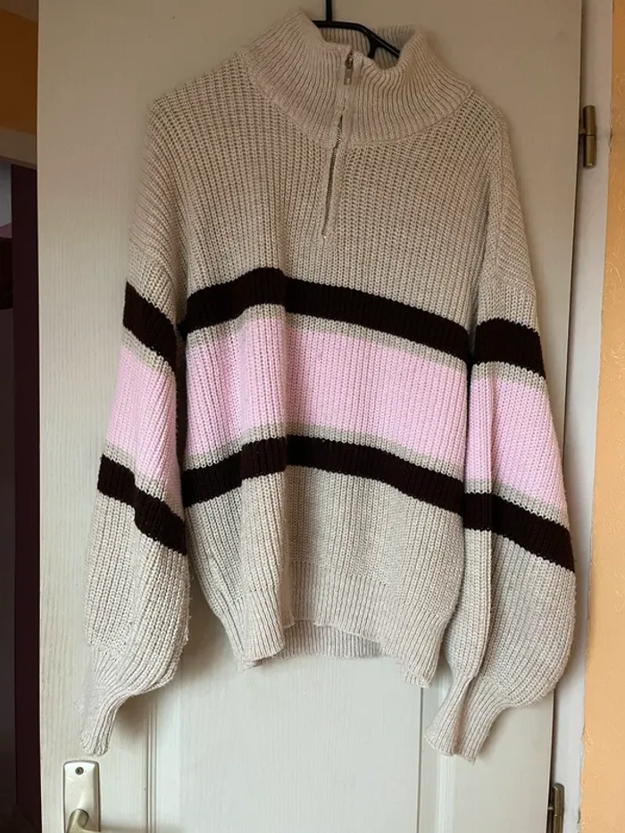 Pull col camionneur rayé tricolore beige - photo numéro 3