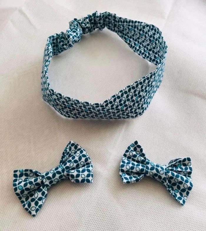 Bandeau cheveux en tissu 4-8 ans et deux barrettes « noeud » type pince crocodile