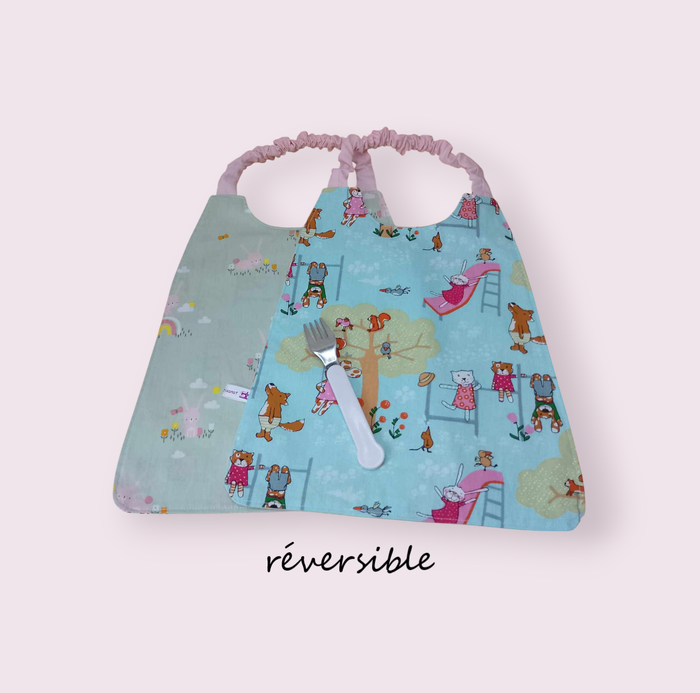 Serviette de cantine élastique réversible enfant, bavoir maternelle, modèle lapins et ses amis