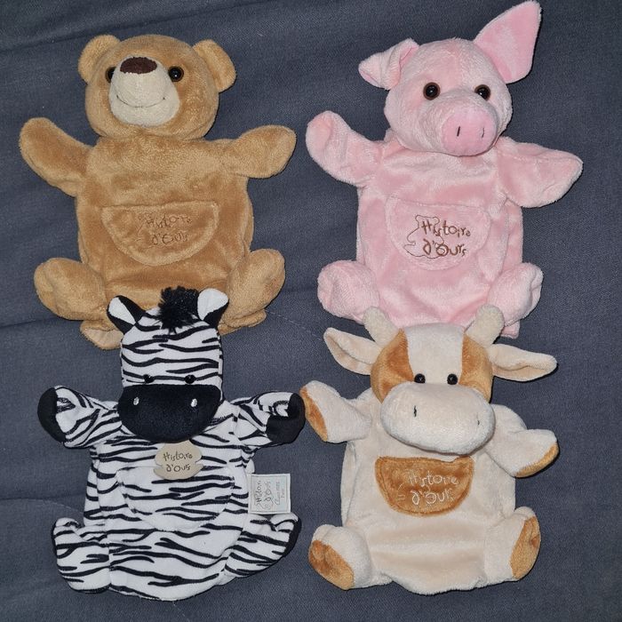 Lot de 4 doudous marionnettes zèbre, cochon, ours,vache- Histoire d'ours