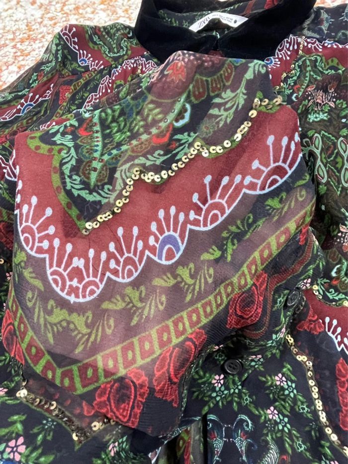 Chemise ZARA voile sequins paisley et col velours L - photo numéro 4