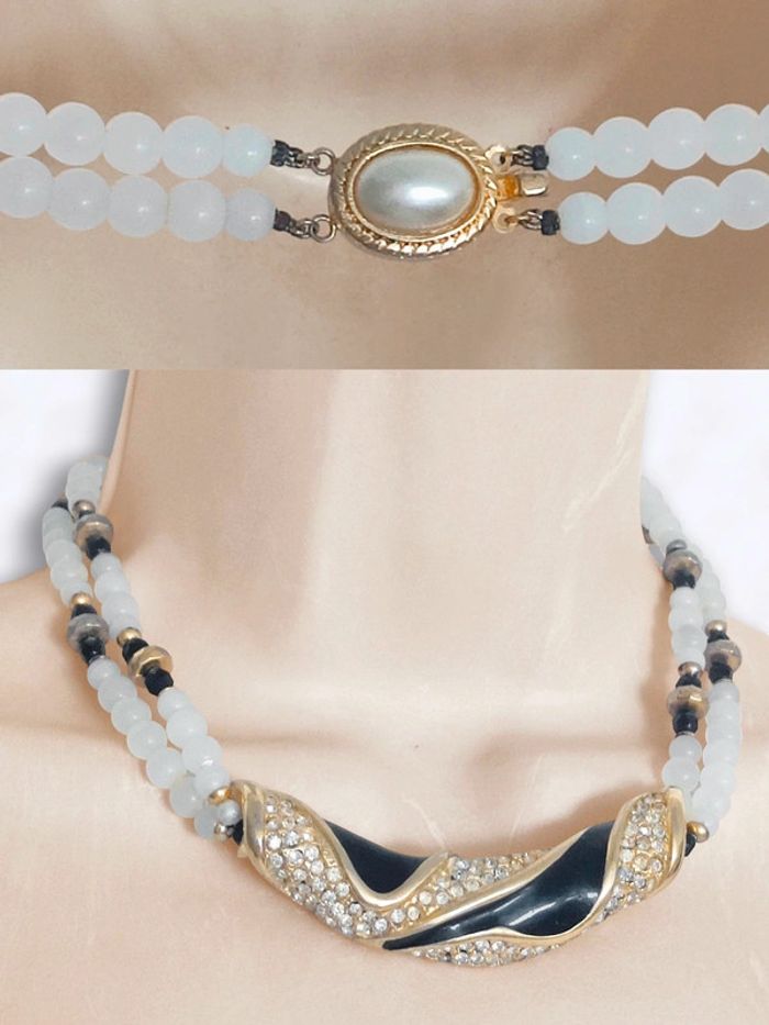 Collier ras de cou chic perle quartz strass blanc doré noir vintage - 42cm - photo numéro 2