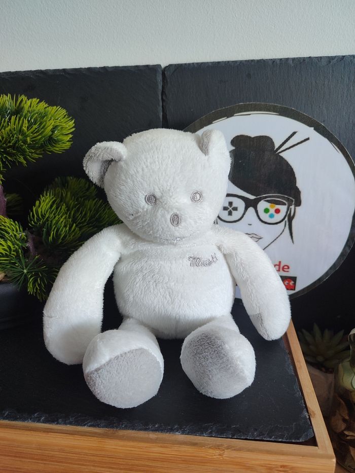 Doudou peluche ours blanc gris Musti mustela pantin lait publicitaire DD002626