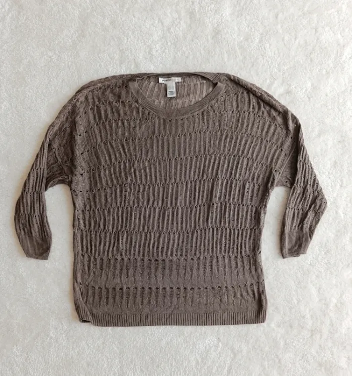 Pull léger Mango suit M beige taupe mailles écartées ajourées manches 3/4 - photo numéro 4