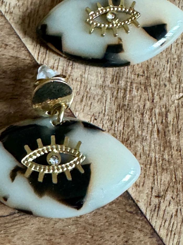 Boucles d’oreilles mile Mila en forme d’œil résine léopard acier inoxydable or cristal - photo numéro 4