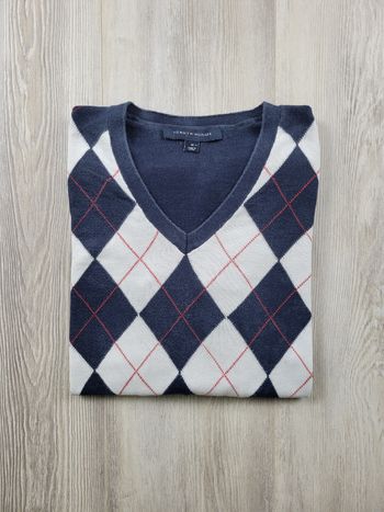 Pull Tommy Hilfiger homme M – motif losange bleu/blanc – bon état d’usage