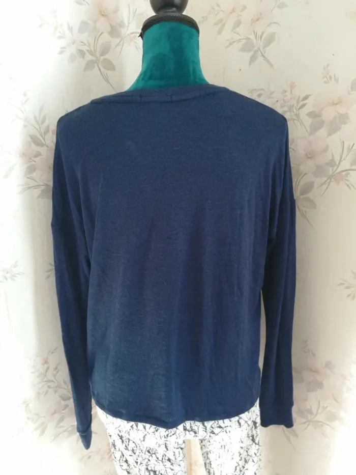Pull fin bleu marine avec noeud en bas et broderie avion et message / gémo / (L) - photo numéro 7
