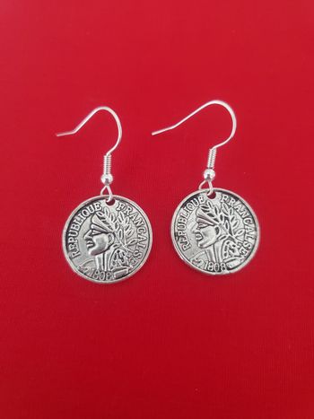 Boucles d'oreilles pendante argenté piece de monnaie ancienne rep française